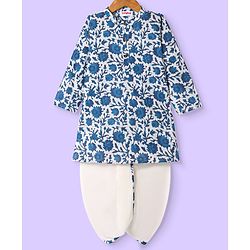 Babyhug Cotton Woven Full Sleeves Kurta Dhoti Set With Floral Print - White