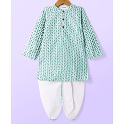 Babyhug Cambric Full Sleeves Kurta Dhoti Set With Leaf Print - Green