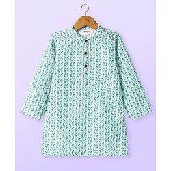 Babyhug Cambric Full Sleeves Kurta Dhoti Set With Leaf Print - Green