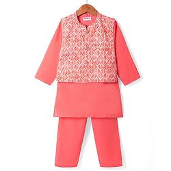 Babyhug Cotton Woven Full Sleeves Solid Kurta Pyjama Set with Leaf Printed Jacket - Coral