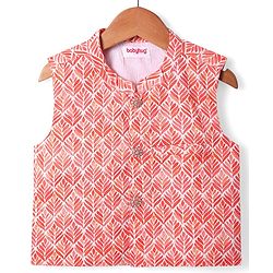 Babyhug Cotton Woven Full Sleeves Solid Kurta Pyjama Set with Leaf Printed Jacket - Coral