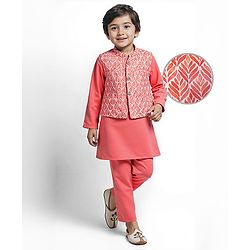 Babyhug Cotton Woven Full Sleeves Solid Kurta Pyjama Set with Leaf Printed Jacket - Coral