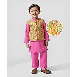 Babyhug Cotton Woven Full Sleeves Kurta & Pyjama Set With Printed Waistcoat  - Fuschia