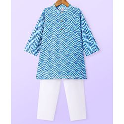 Babyhug Cotton Woven Full Sleeves Kurta & Pyjama Set With Lehriya Print - Blue