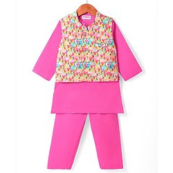 Babyhug Cotton Woven Full Sleeves Solid Kurta Pyjama Set with Printed Jacket - Pink