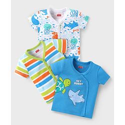 Babyhug 100% Cotton Interlock Knit Half Sleeves Front Open jhablas with Sea Life Print & Stripes Pack of 3 - Blue & White