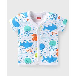 Babyhug 100% Cotton Interlock Knit Half Sleeves Front Open jhablas with Sea Life Print & Stripes Pack of 3 - Blue & White