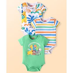 Babyhug 100% Cotton Knit Half Sleeves Striped & Animal Printed Onesies Pack of 3  - Light Green & White