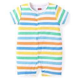 Babyhug 100% Cotton Knit Half Sleeves Romper with Stripes & Animal Print Pack of 2 - White & Navy Blue