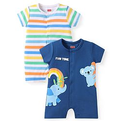 Babyhug 100% Cotton Knit Half Sleeves Romper with Stripes & Animal Print Pack of 2 - White & Navy Blue