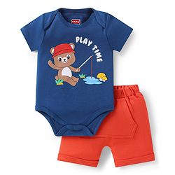 Babyhug 100% Cotton Knit Half Sleeves Onesie with Shorts & Bear Print  - Red & Navy Blue