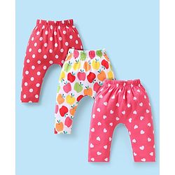 Babyhug Cotton Knit Full Length Diaper Leggings with Polka Dots Hearts & Apple Print Pack of 3 - White & Dark Pink