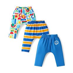 Babyhug Interlock Knit Full Length Diaper Pants with Stripes & Text Print Pack of 3 - Blue