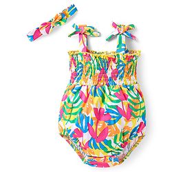 Babyhug Interlock Knit Singlet Sleeves Onesie With Floral Print & Hairband - White