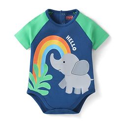 Babyhug Interlock Knit Half Raglan Sleeves Onesie With Elephant Print - Navy Blue & Green