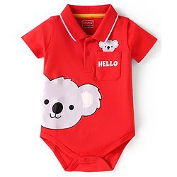 Babyhug 100% Cotton Knit Half Sleeves Collared Onesie with Bear Print - Red