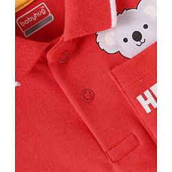 Babyhug 100% Cotton Knit Half Sleeves Collared Onesie with Bear Print - Red