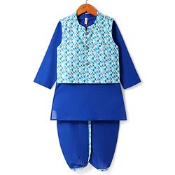 Babyhug Cotton Woven Full Sleeves  Kurta Dhoti Set with Motif Printed Waistcoat - Blue
