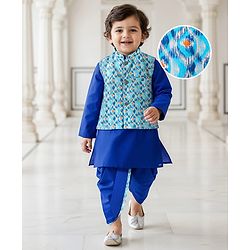 Babyhug Cotton Woven Full Sleeves  Kurta Dhoti Set with Motif Printed Waistcoat - Blue