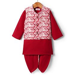 Babyhug Cotton Woven Mandarin Collar Full Sleeves Kurta Dhoti Set With Textured Print Jacket - Red