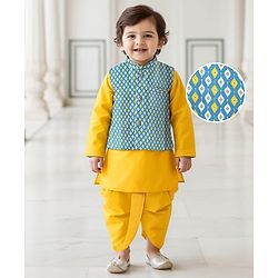 Babyhug Cotton Woven Full Sleeves Solid Kurta Dhoti Set with Printed Jacket - Mustard