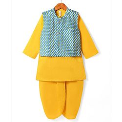 Babyhug Cotton Woven Full Sleeves Solid Kurta Dhoti Set with Printed Jacket - Mustard
