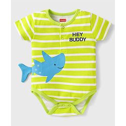 Babyhug 100% Cotton Knit Half Sleeves Text Embroidered Onesie with Whale Applique & Stripes - Light Green