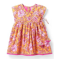Babyhug Cambric Woven Sleeveless Ethnic Dress With Floral Print - Mustard