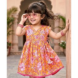 Babyhug Cambric Woven Sleeveless Ethnic Dress With Floral Print - Mustard