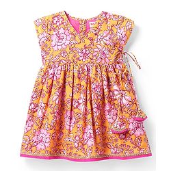 Babyhug Cambric Woven Sleeveless Ethnic Dress With Floral Print - Mustard
