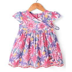 Babyhug Cotton Cambric Woven Half Cap Sleeves Floral Printed Frock - White & Pink