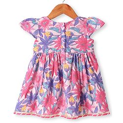 Babyhug Cotton Cambric Woven Half Cap Sleeves Floral Printed Frock - White & Pink