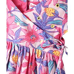 Babyhug Cotton Cambric Woven Half Cap Sleeves Floral Printed Frock - White & Pink