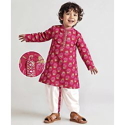 Babyhug Cotton Woven Full Sleeves Kurta Dhoti Set With Floral Print - Fuchsia