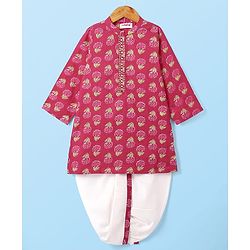 Babyhug Cotton Woven Full Sleeves Kurta Dhoti Set With Floral Print - Fuchsia