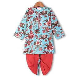 Babyhug Cotton Woven Full Sleeves Kurta Dhorti Set with Floral Print - Light Blue & Red