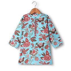 Babyhug Cotton Woven Full Sleeves Kurta Dhorti Set with Floral Print - Light Blue & Red
