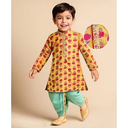 Babyhug Cotton Woven Full Sleeves Kurta Dhoti Set With Floral Print - Mustard