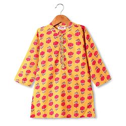 Babyhug Cotton Woven Full Sleeves Kurta Dhoti Set With Floral Print - Mustard