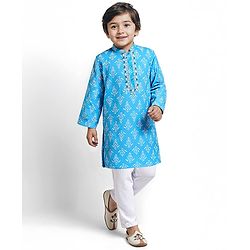 Babyhug Cotton Full Sleeves Kurta Pyjama Set With Floral Print - Light Blue