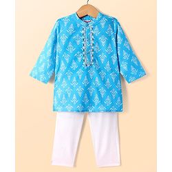 Babyhug Cotton Full Sleeves Kurta Pyjama Set With Floral Print - Light Blue