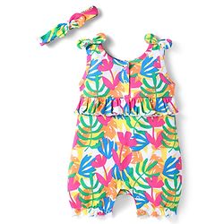 Babyhug Interlock Knit Sleeveless Romper With Floral Print & Hairband - White