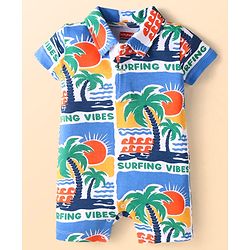 Babyhug Interlock Knit Half Sleeves Romper With Beach Theme Print - Blue