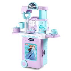 Babyhug Disney Frozen Theme Kitchen Play Set Trolley| Portable Set with Realistic Light Sound Toys for Kids with 24 Pieces - Lilac & Light Blue