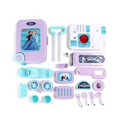 Babyhug Disney Frozen Theme Kitchen Play Set Trolley| Portable Set with Realistic Light Sound Toys for Kids with 24 Pieces - Lilac & Light Blue