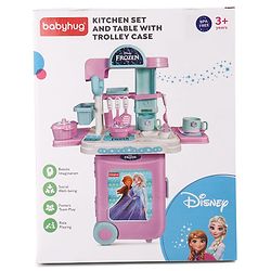 Babyhug Disney Frozen Theme Kitchen Play Set Trolley| Portable Set with Realistic Light Sound Toys for Kids with 24 Pieces - Lilac & Light Blue