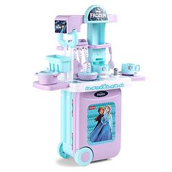Babyhug Disney Frozen Theme Kitchen Play Set Trolley| Portable Set with Realistic Light Sound Toys for Kids with 24 Pieces - Lilac & Light Blue