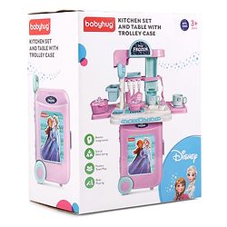 Babyhug Disney Frozen Theme Kitchen Play Set Trolley| Portable Set with Realistic Light Sound Toys for Kids with 24 Pieces - Lilac & Light Blue