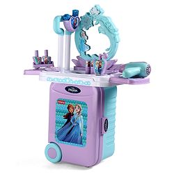 Babyhug Disney Frozen Theme Pretend Play Makeup Trolley Set with Briefcase and Accessories| Cosmetic Set 2 in 1 Vanity Table | Beauty Make Up Trolley Set with 22 pieces & 2 Sticker - Lilac