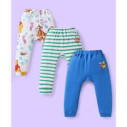 Babyhug Disney Interlock Knit Full Length Diaper Leggings With Winnie & Friends Graphic Pack Of 3 - Blue White Green